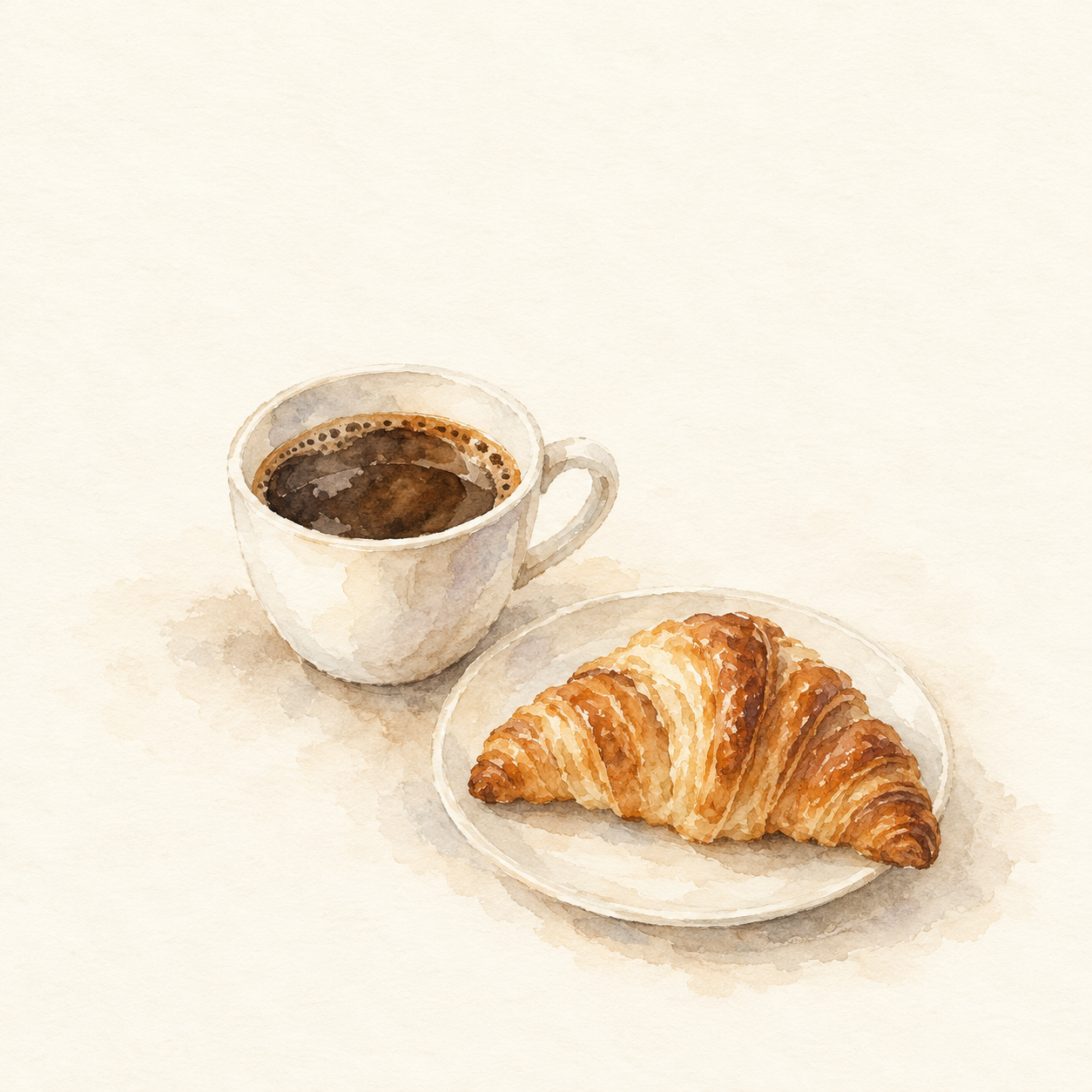コーヒーを左、クロワッサンを右に配置し、上部に余白を残した水彩風の挿絵