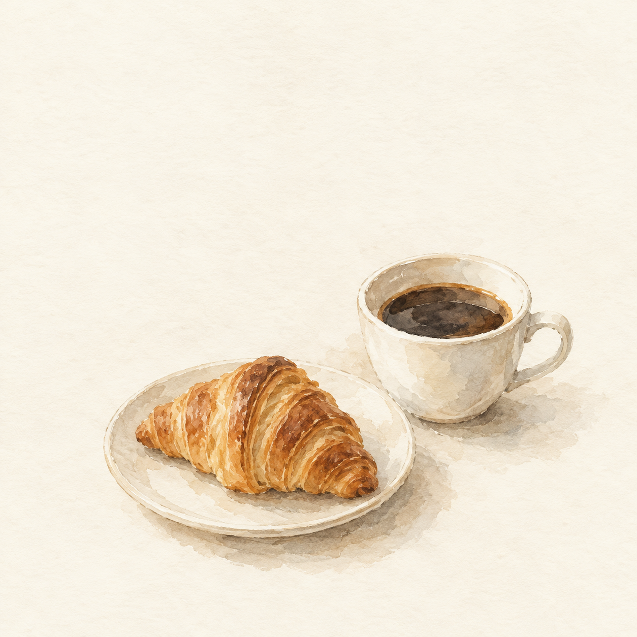 クロワッサンを左、コーヒーを右に配置した、余白のある水彩風の挿絵